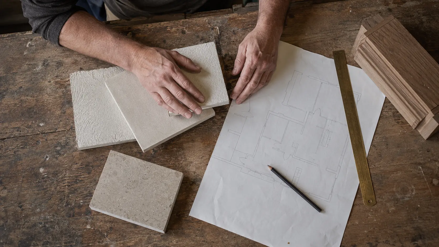 Representative overhead view of hands reviewing materials and a building plan