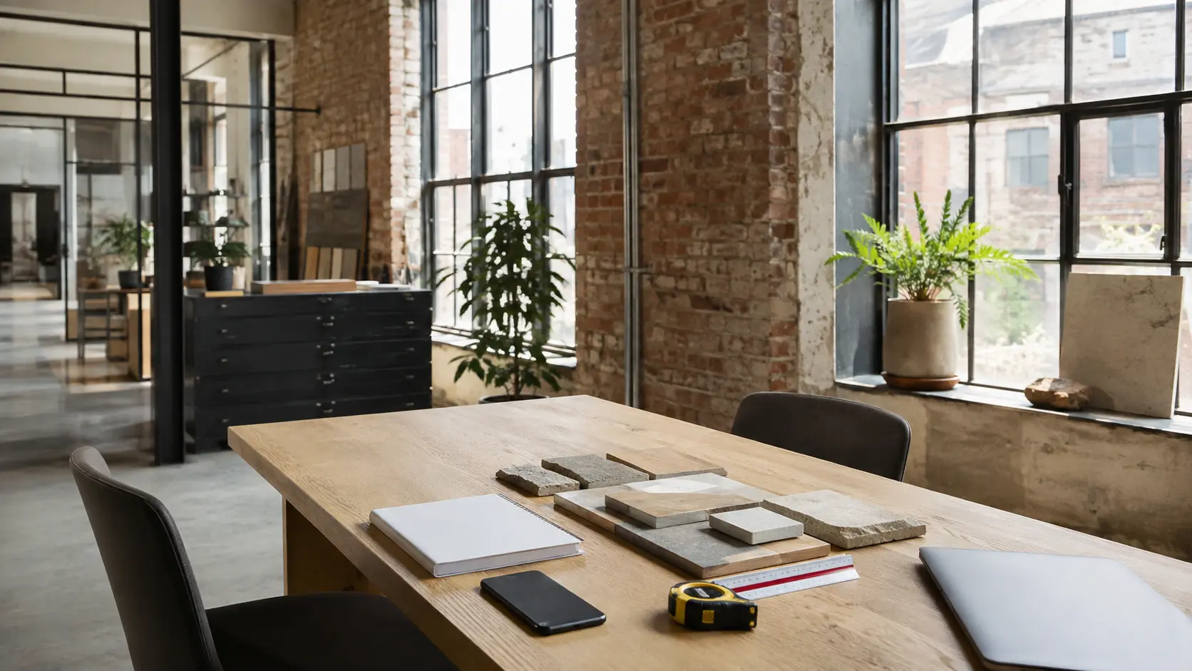 Representative bright consultation table in a converted industrial workspace