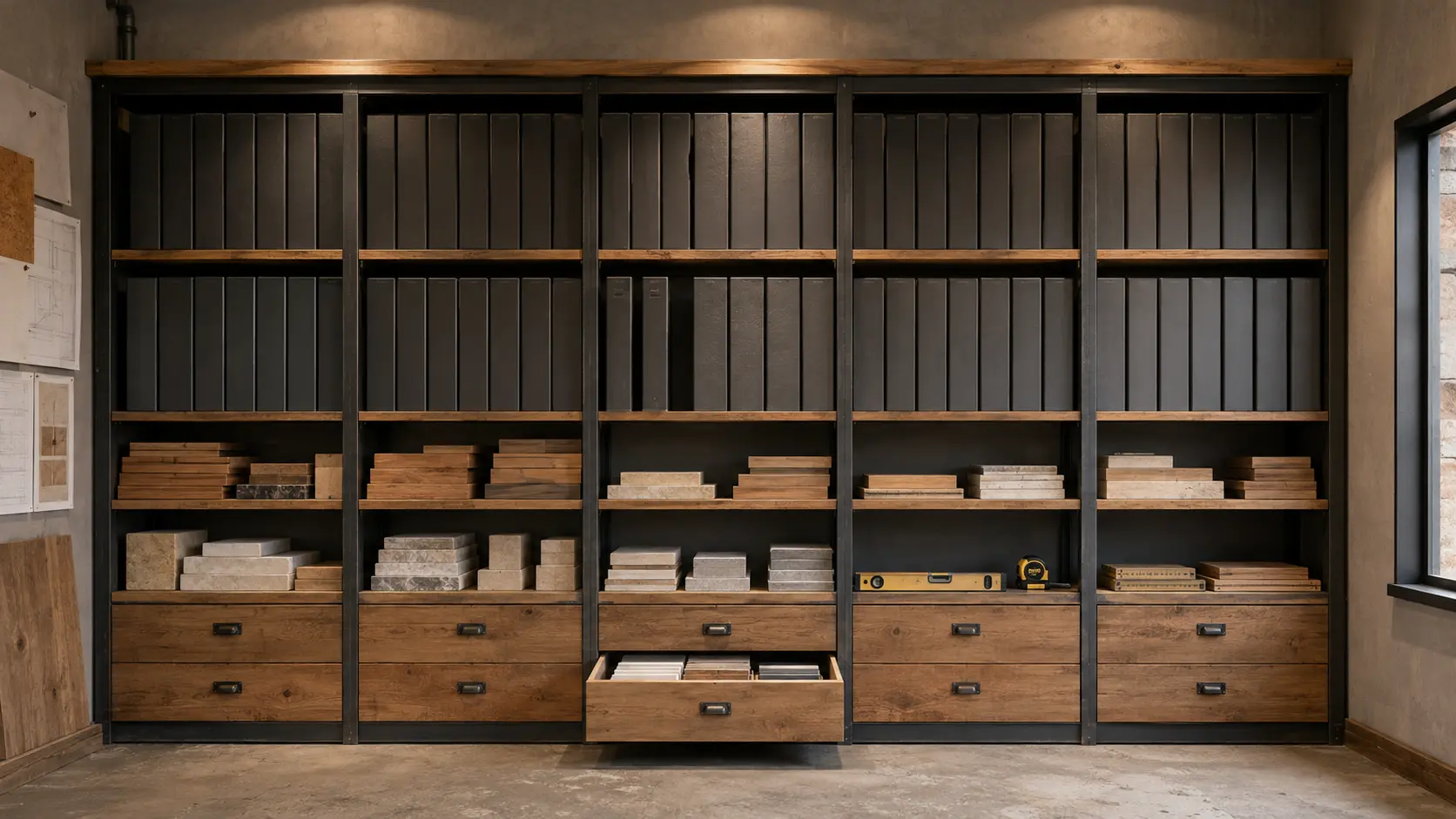 Representative organised site-office archive with material samples and measuring tools