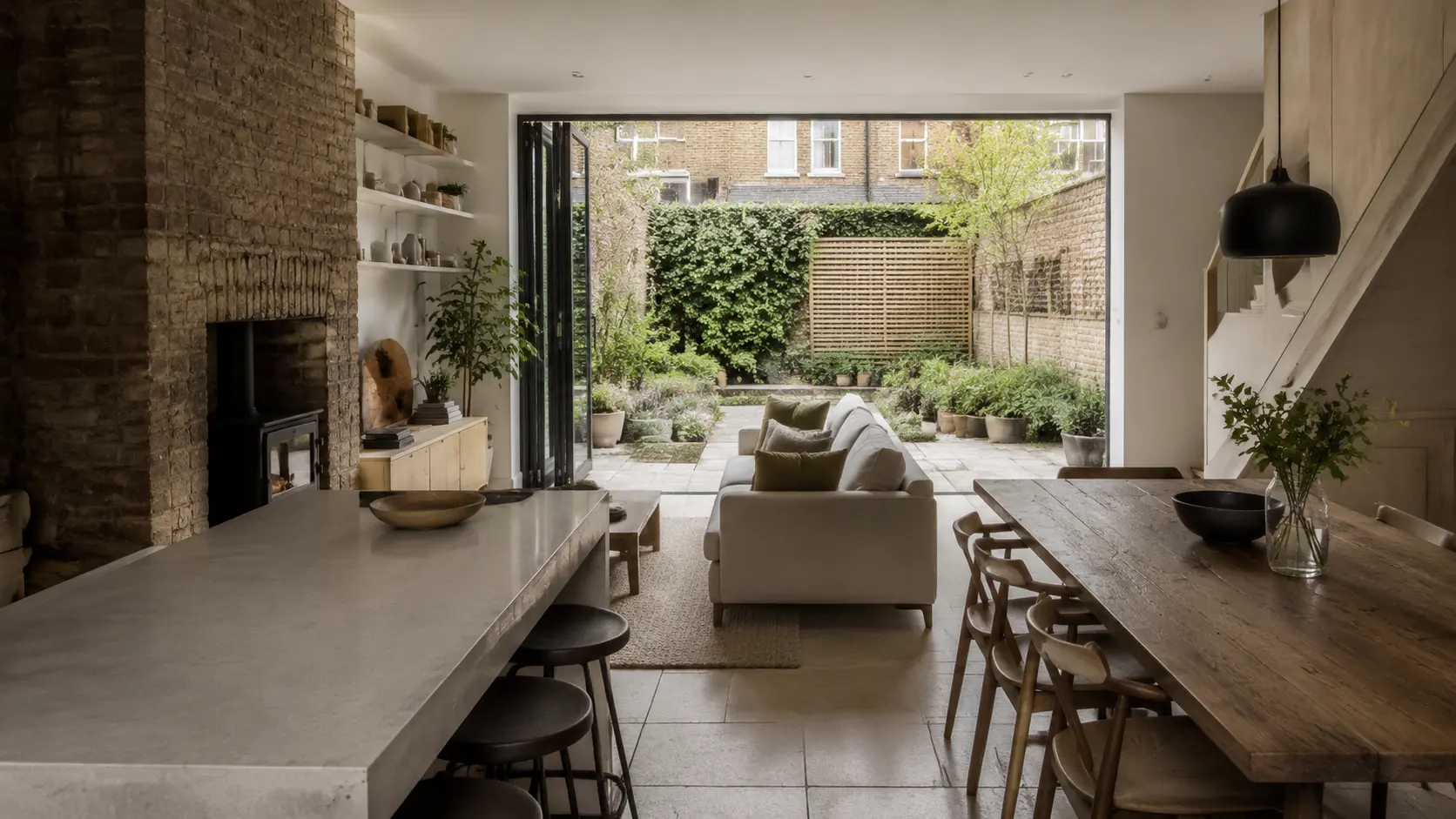 Representative renovated British townhouse interior opening onto a rear garden