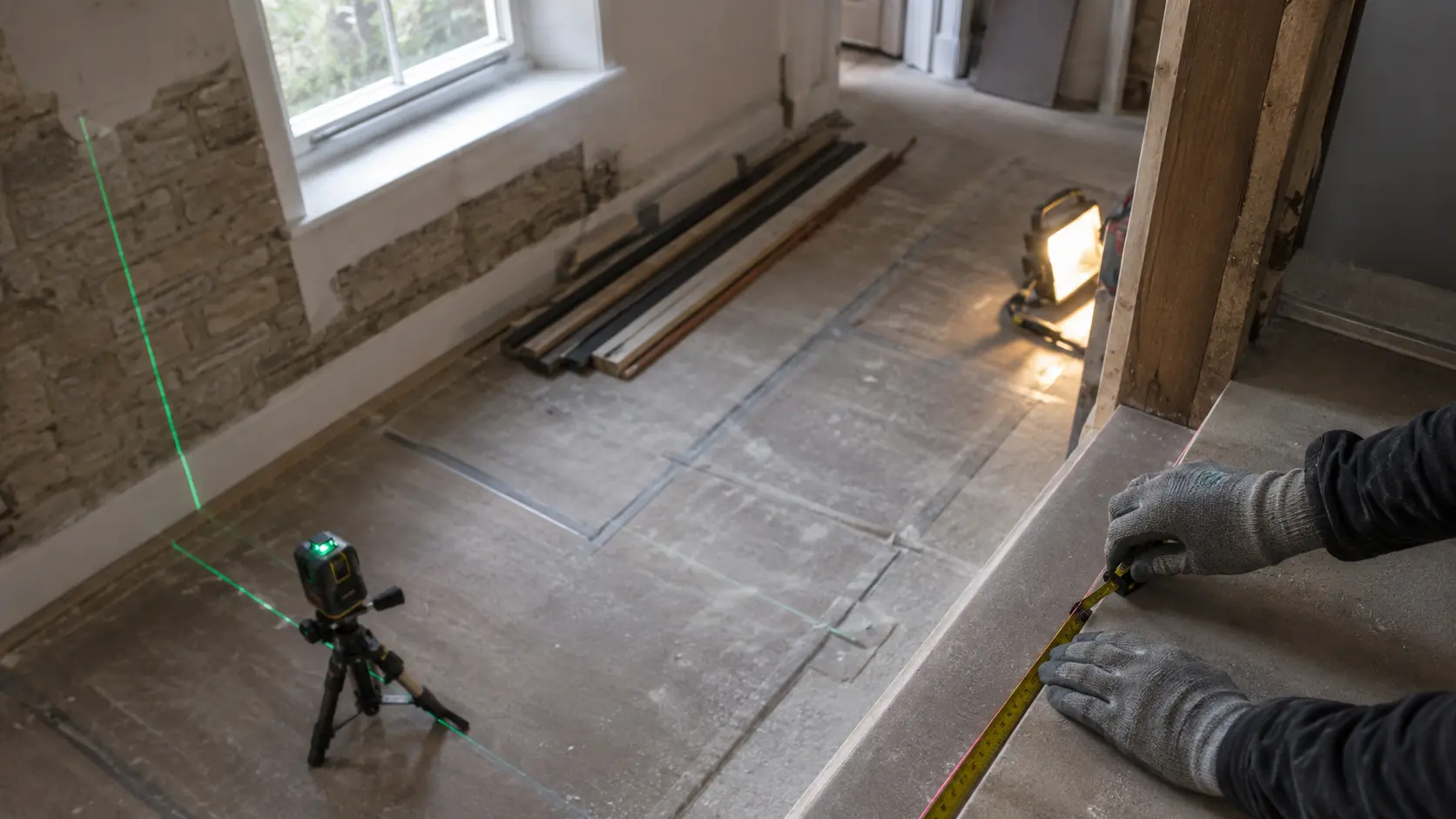 Representative view of a British refurbishment site with laser level and careful measurement