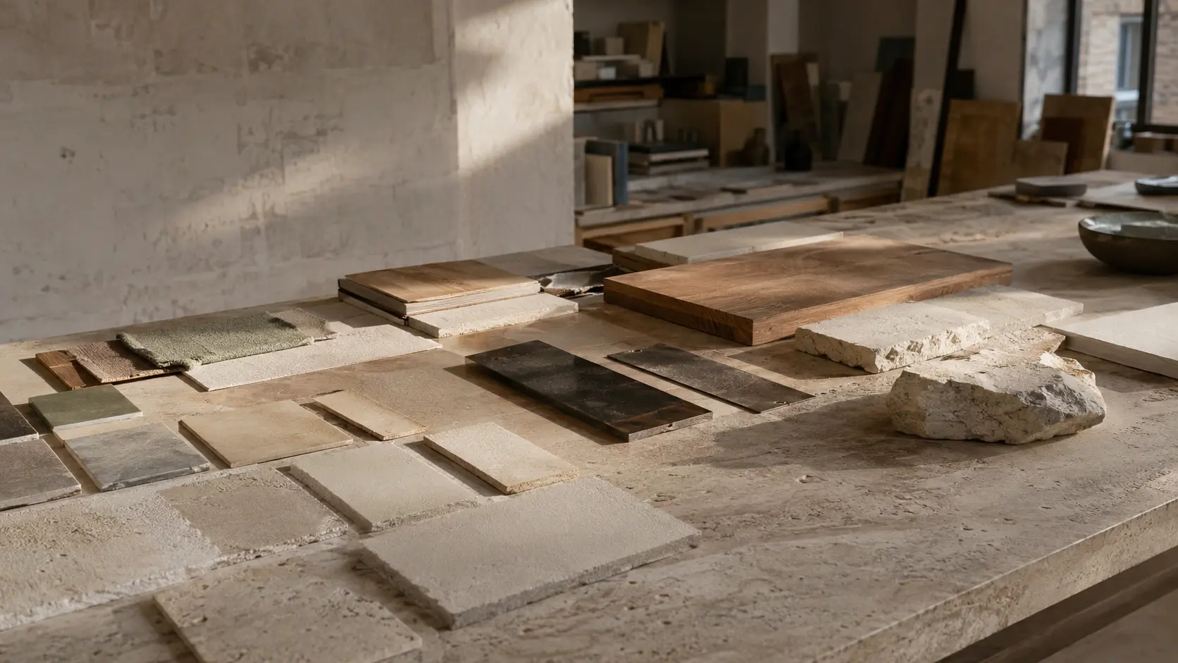 Representative architectural material library with stone, timber, plaster, tile and metal samples