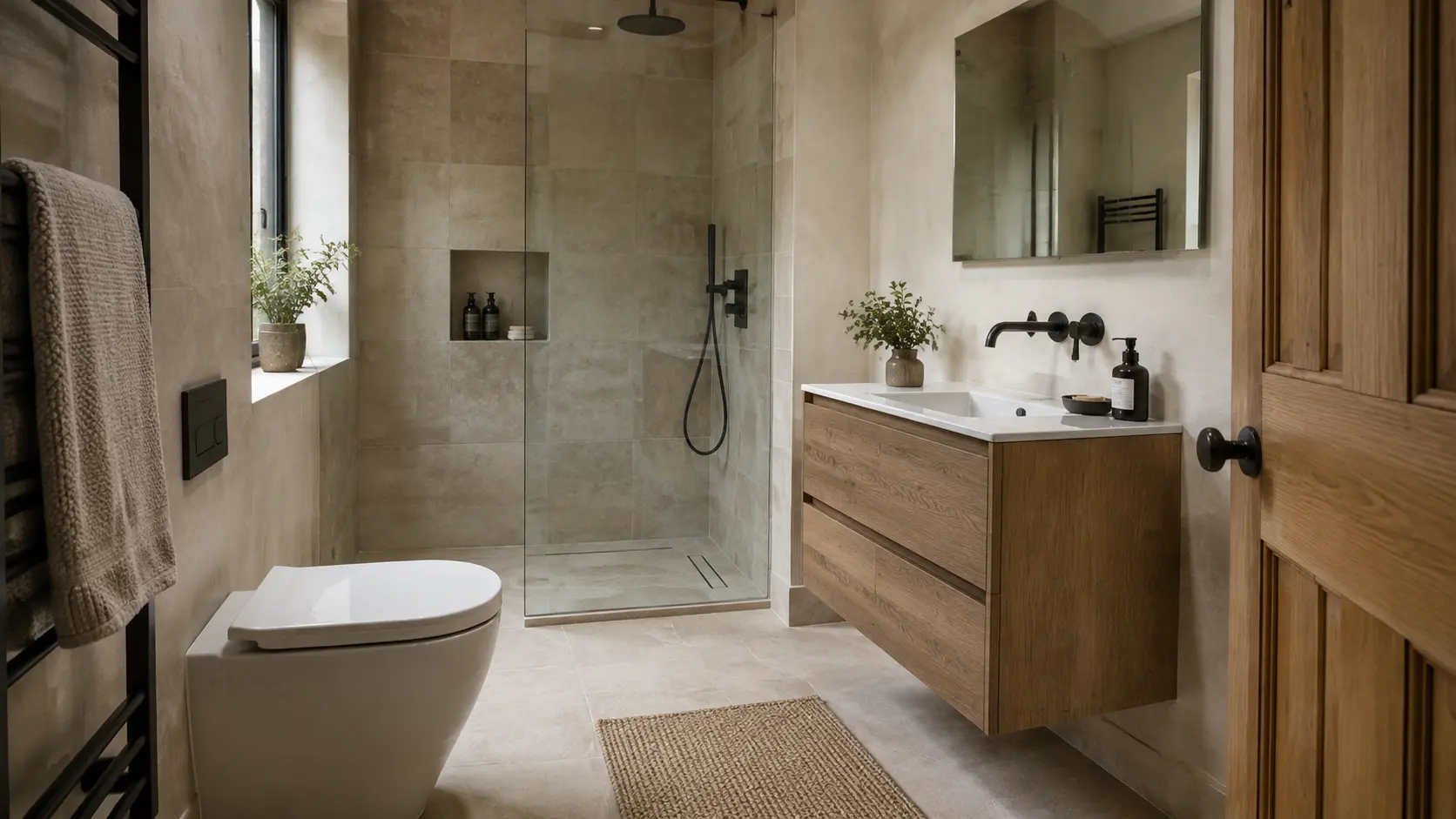 Representative finished bathroom with warm stone surfaces and restrained fittings