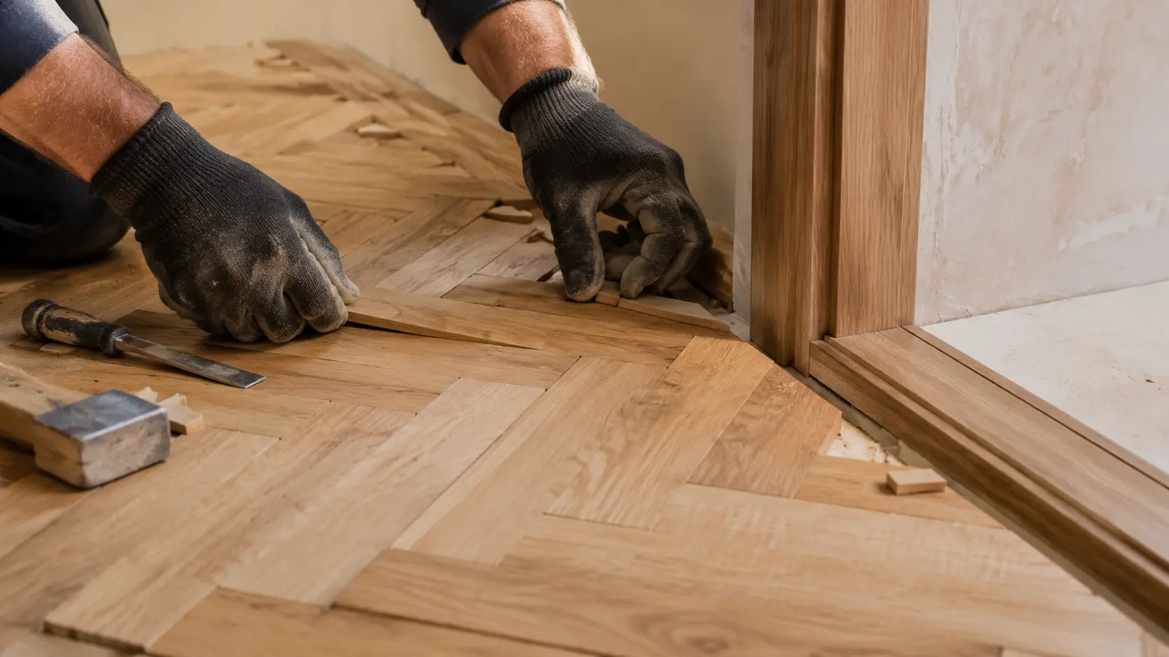 Representative low-angle view of a craftsperson installing a herringbone timber floor